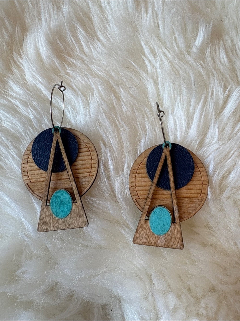 Handcrafted Wood Drop Earrings with Teal and Navy Accents